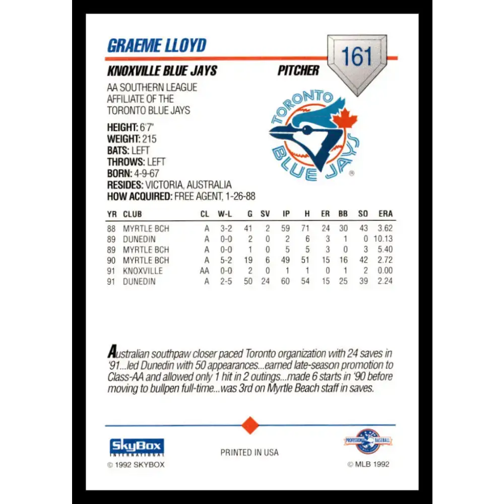 1992 Skybox AA #161 Graeme Lloyd Knoxville Blue Jays NM-MT Baseball Card - Baseball Card Single