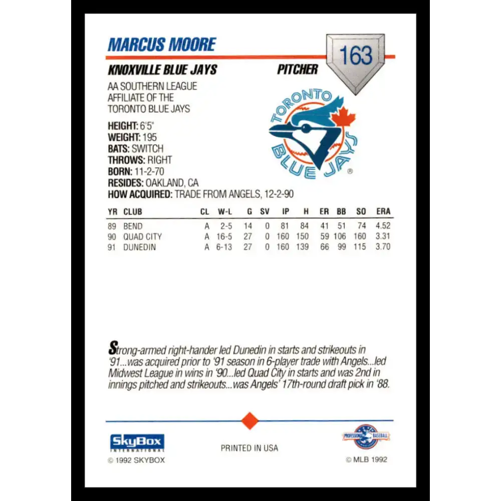 1992 Skybox AA #163 Marcus Moore Knoxville Blue Jays NM-MT Baseball Card - Baseball Card Single