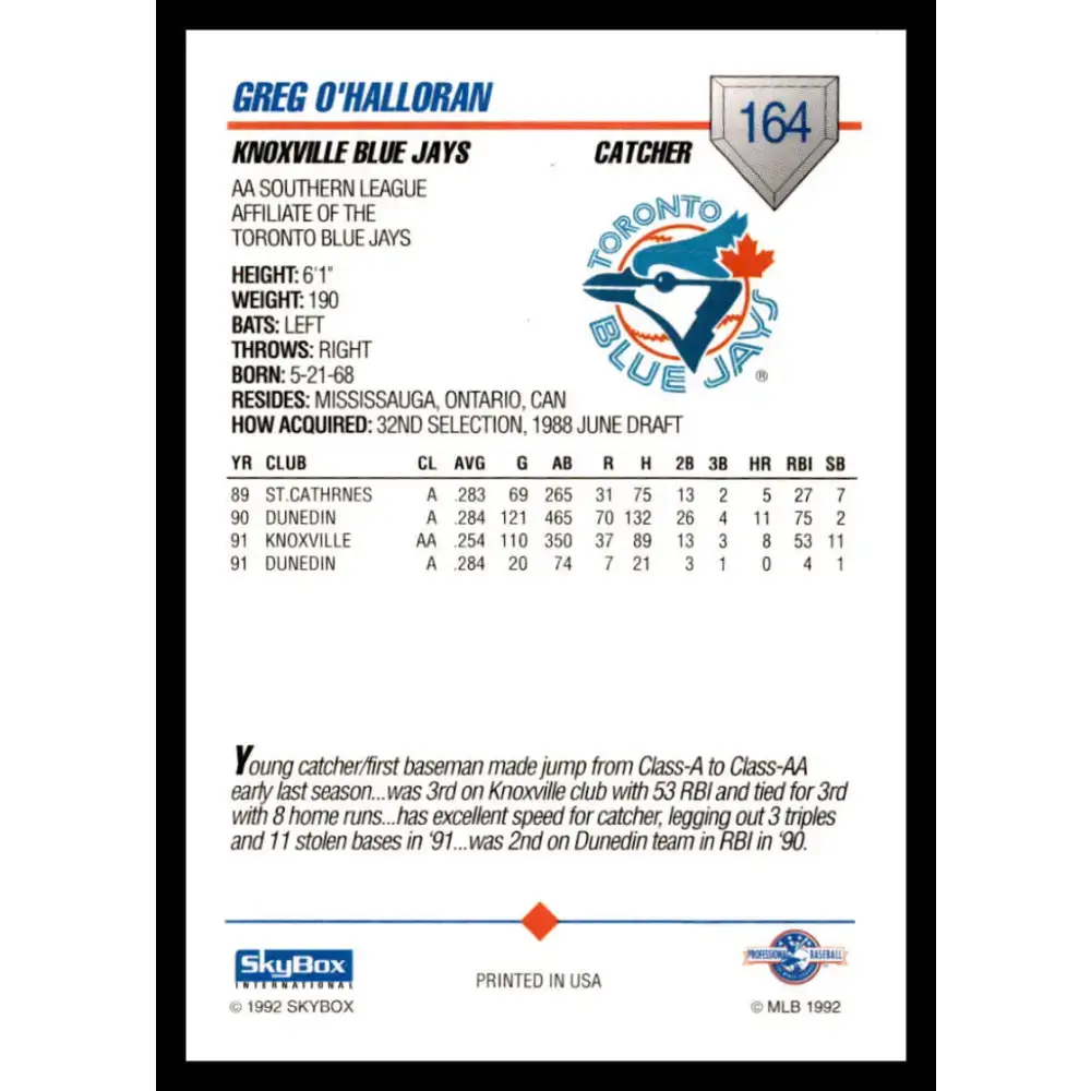 1992 Skybox AA #164 Greg O’Halloran Knoxville Blue Jays NM-MT Baseball Card - Baseball Card Single