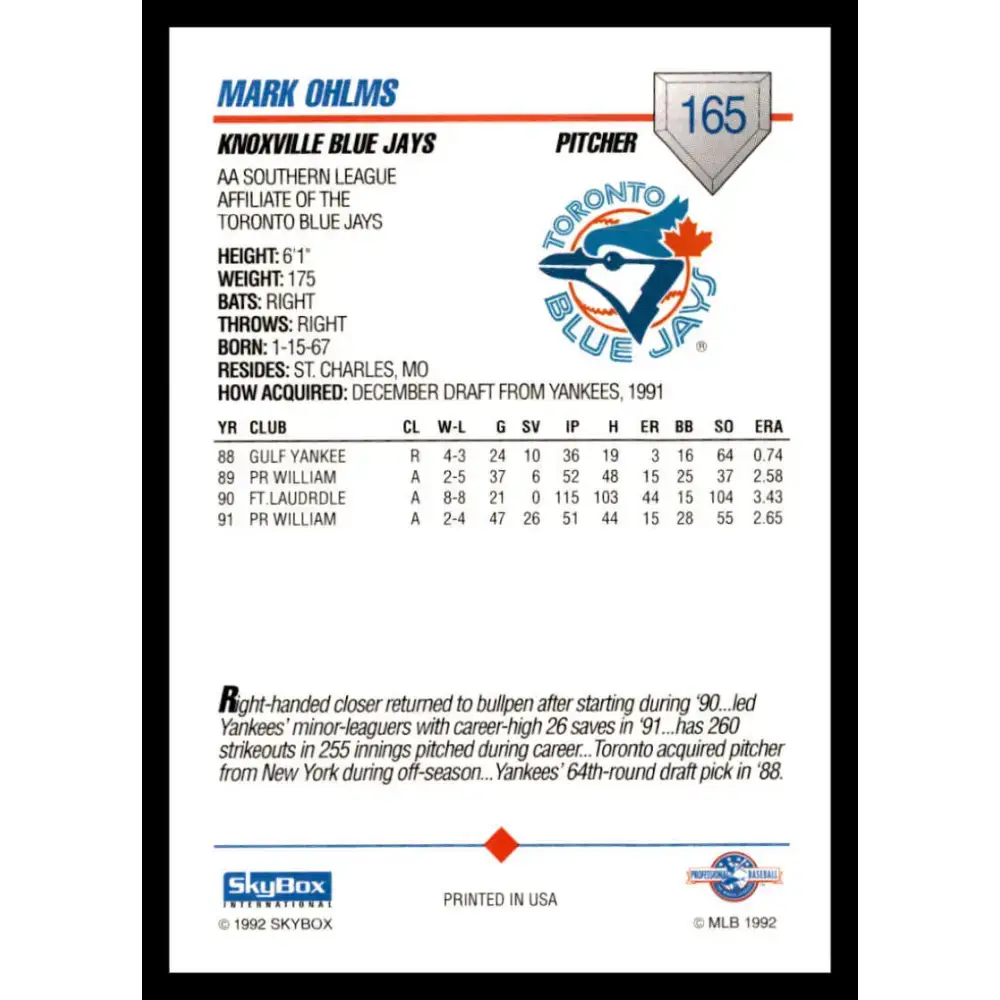 1992 Skybox AA #165 Mark Ohlms Knoxville Blue Jays NM-MT Baseball Card - Baseball Card Single