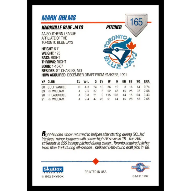 1992 Skybox AA #165 Mark Ohlms Knoxville Blue Jays NM-MT Baseball Card - Baseball Card Single