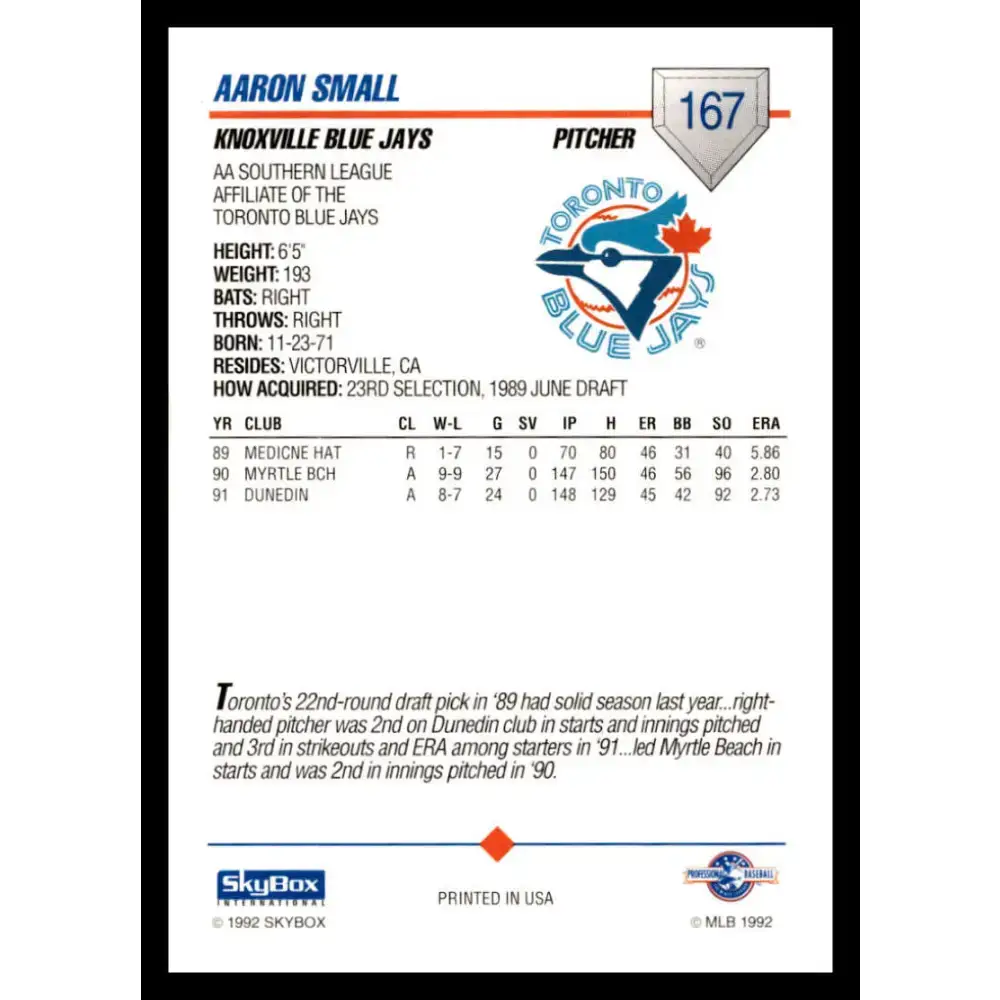 1992 Skybox AA #167 Aaron Small Knoxville Blue Jays NM-MT Baseball Card - Baseball Card Single