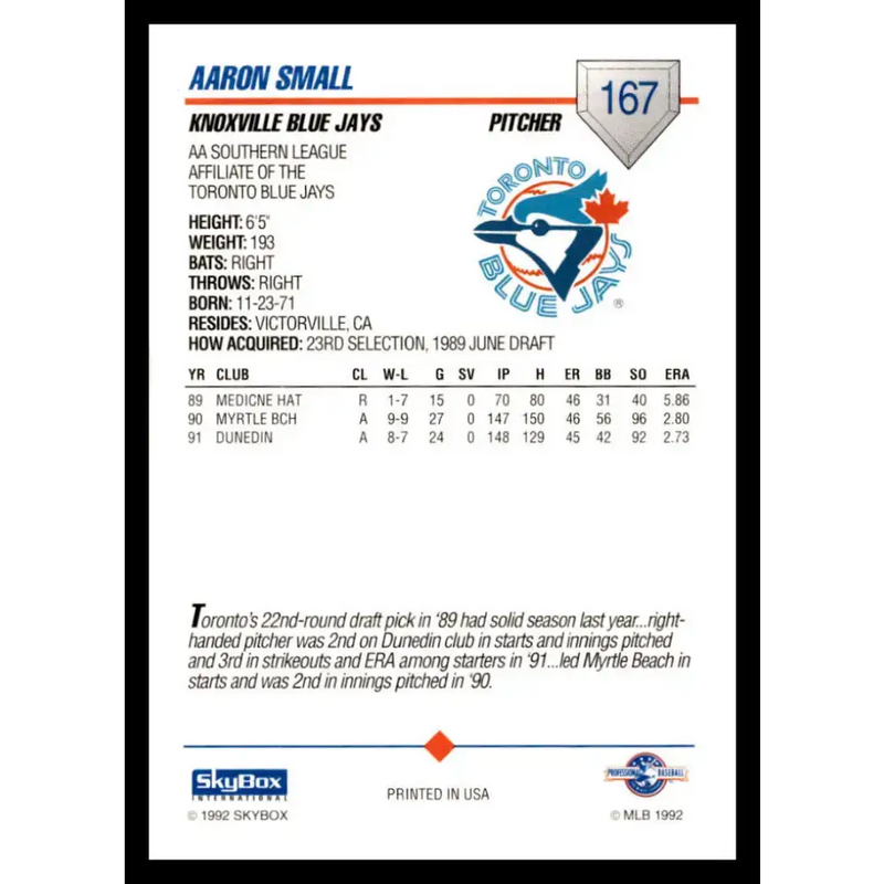 1992 Skybox AA #167 Aaron Small Knoxville Blue Jays NM-MT Baseball Card - Baseball Card Single