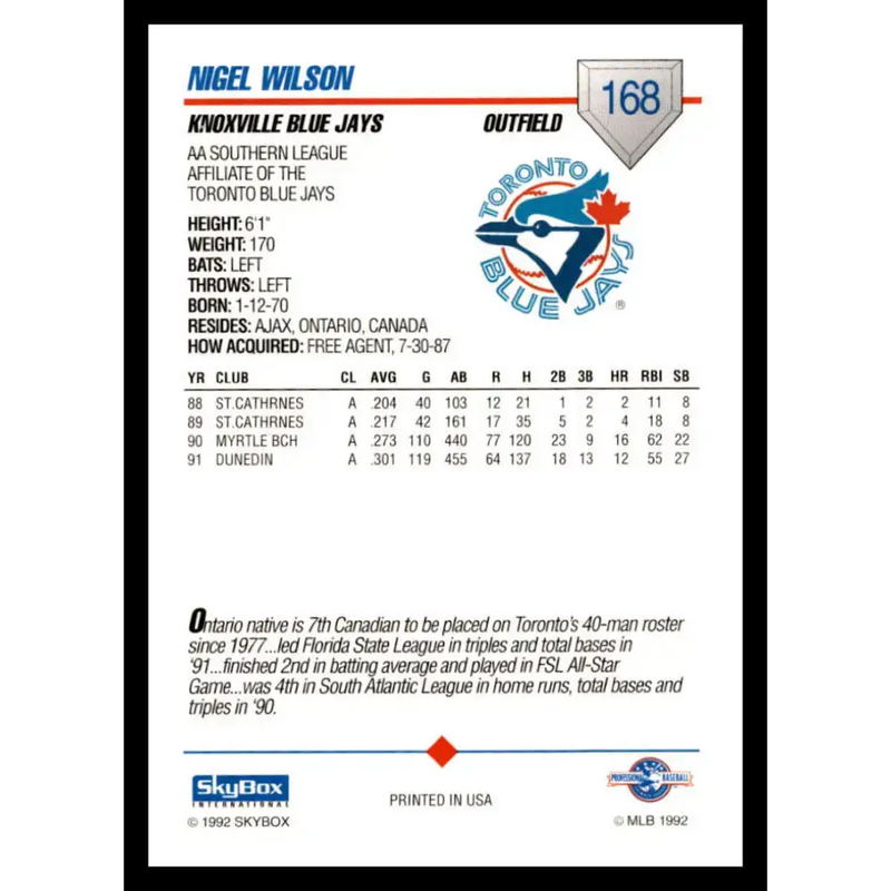 1992 Skybox AA #168 Nigel Wilson Knoxville Blue Jays NM-MT Baseball Card - Baseball Card Single