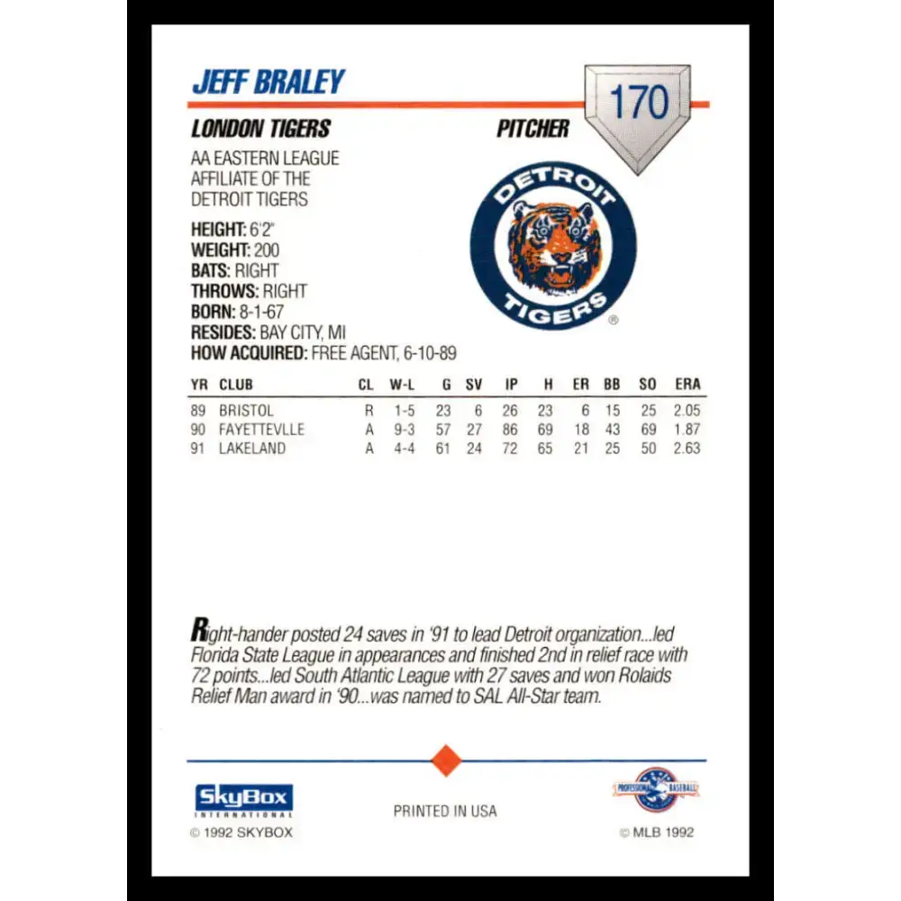 1992 Skybox AA #170 Jeff Braley London Tigers NM-MT Baseball Card - Baseball Card Single
