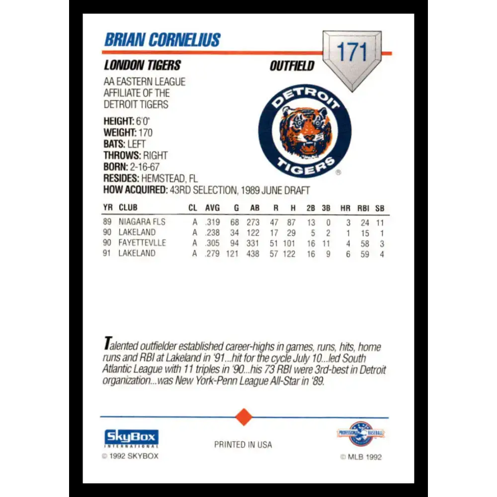 1992 Skybox AA #171 Brian Cornelius London Tigers NM-MT Baseball Card - Baseball Card Single