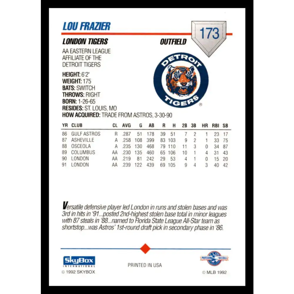 1992 Skybox AA #173 Lou Frazier London Tigers NM-MT Baseball Card - Baseball Card Single