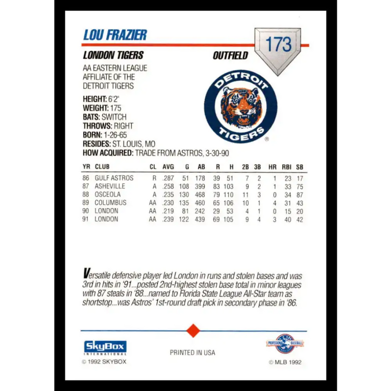 1992 Skybox AA #173 Lou Frazier London Tigers NM-MT Baseball Card - Baseball Card Single