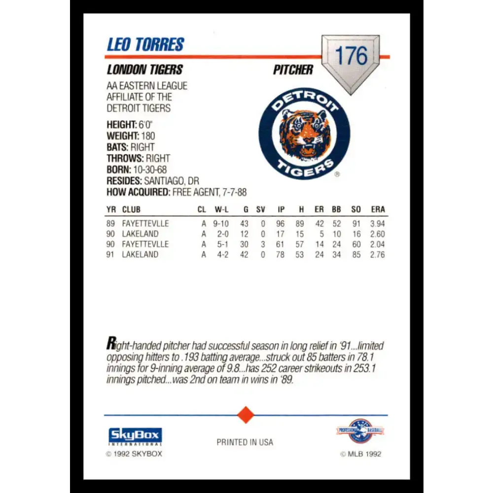1992 Skybox AA #176 Leo Torres London Tigers NM-MT Baseball Card - Baseball Card Single