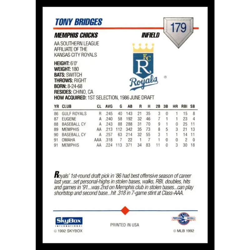 1992 Skybox AA #179 Tony Bridges Memphis Chicks NM-MT Baseball Card - Baseball Card Single
