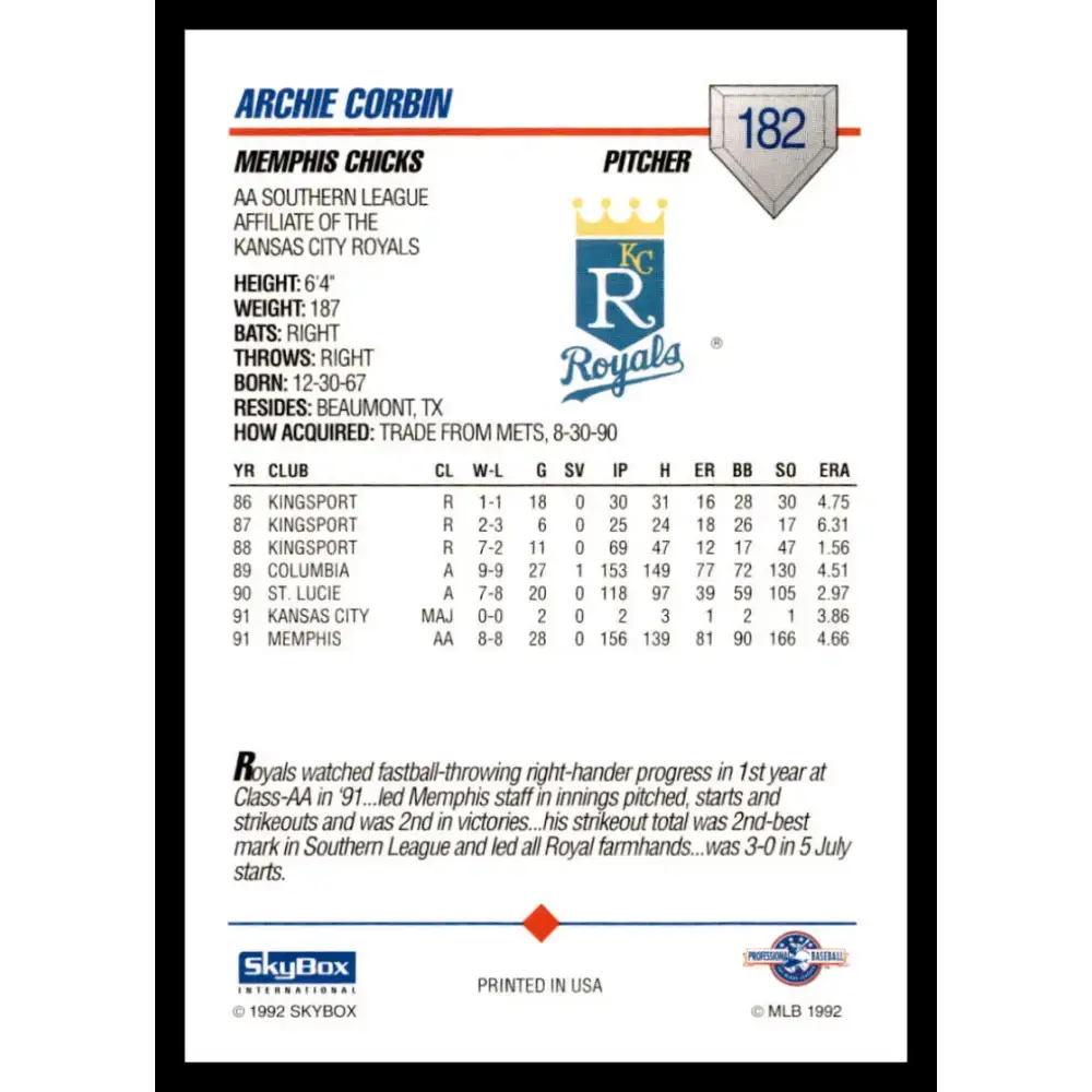 1992 Skybox AA #182 Archie Corbin Memphis Chicks NM-MT Baseball Card - Baseball Card Single