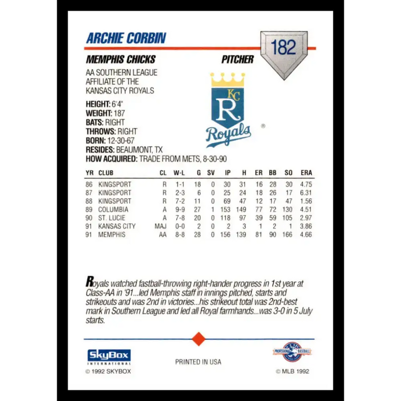 1992 Skybox AA #182 Archie Corbin Memphis Chicks NM-MT Baseball Card - Baseball Card Single