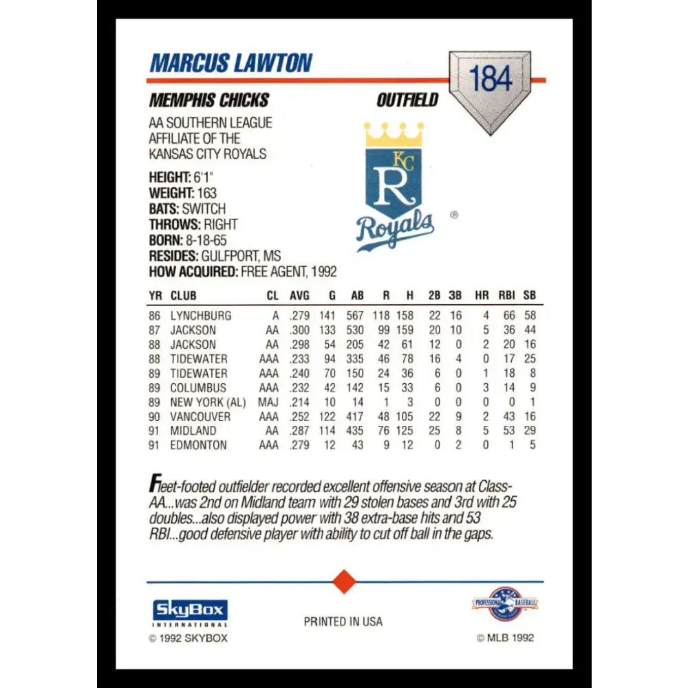 1992 Skybox AA #184 Marcus Lawton Memphis Chicks NM-MT Baseball Card - Baseball Card Single