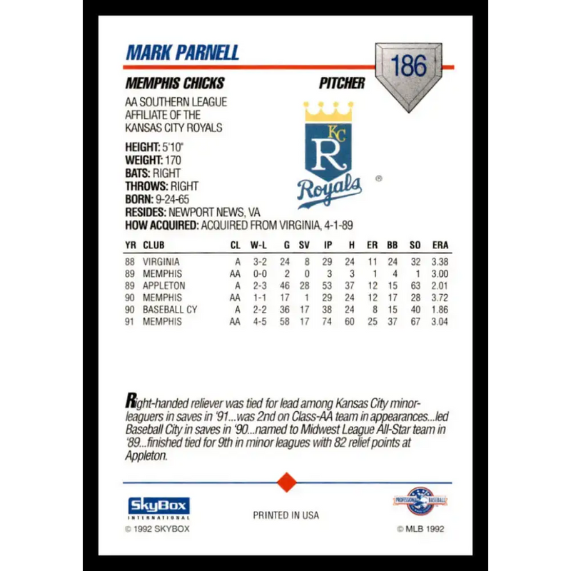 1992 Skybox AA #186 Mark Parnell Memphis Chicks NM-MT Baseball Card - Baseball Card Single