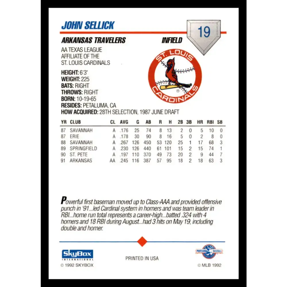 1992 Skybox AA #19 John Sellick Arkansas Travelers NM-MT Baseball Card - Baseball Card Single