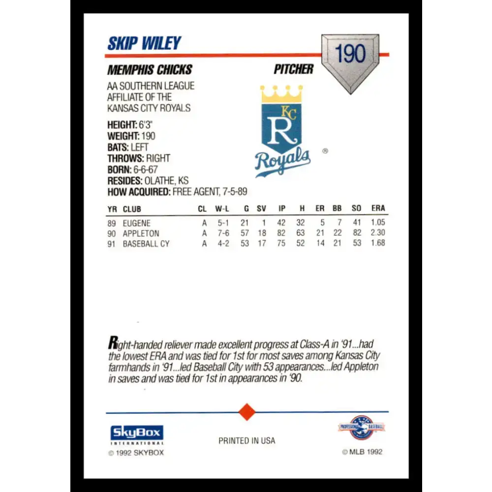 1992 Skybox AA #190 Skip Wiley Memphis Chicks NM-MT Baseball Card - Baseball Card Single