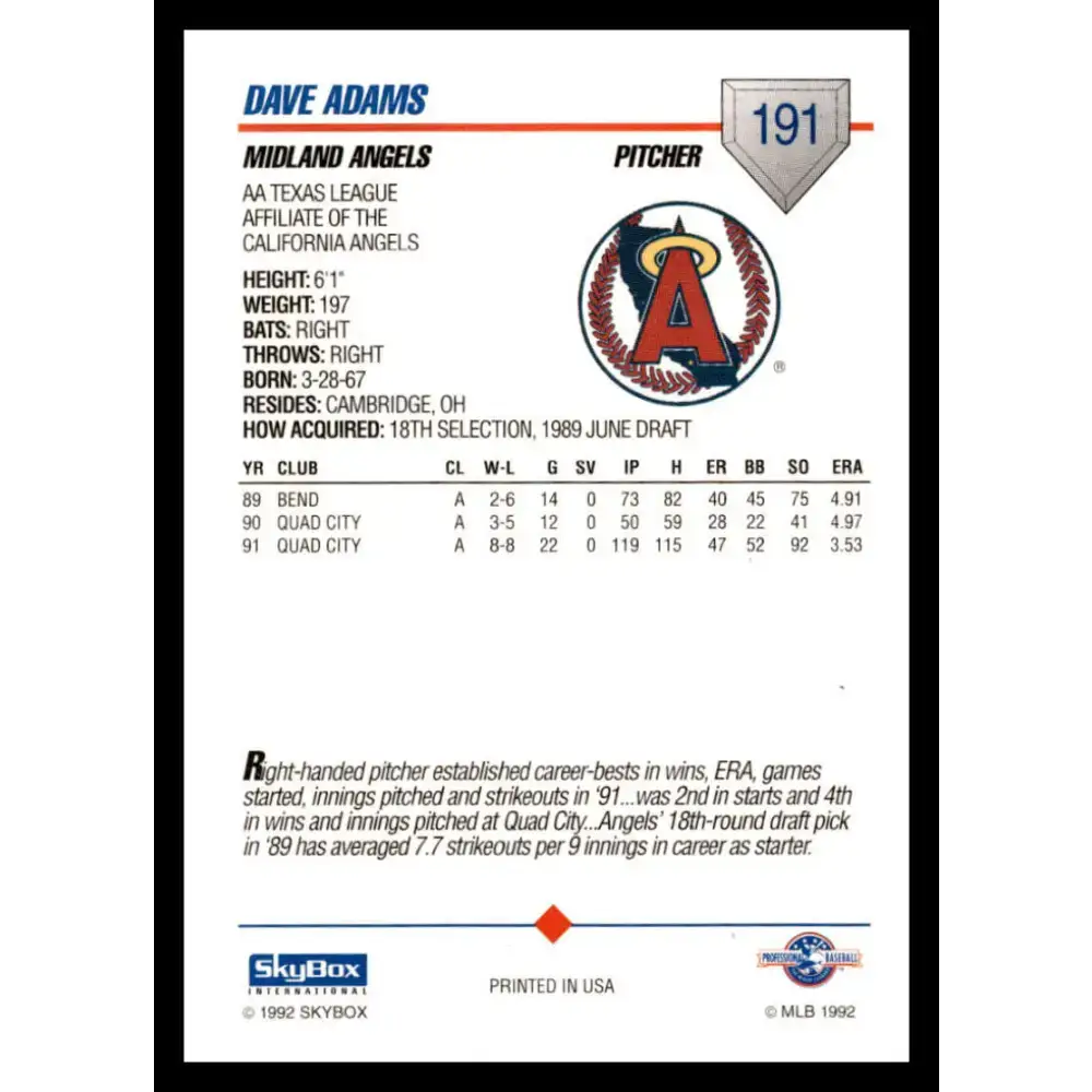 1992 Skybox AA #191 Dave Adams Midland Angels NM-MT Baseball Card - Baseball Card Single