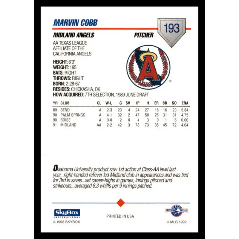 1992 Skybox AA #193 Marvin Cobb Midland Angels NM-MT Baseball Card - Baseball Card Single