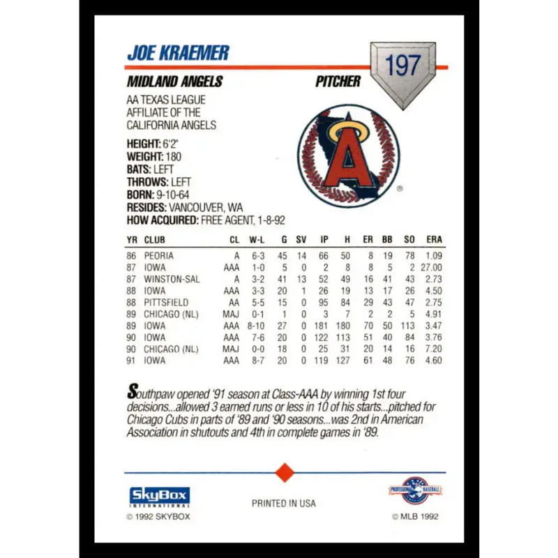 1992 Skybox AA #197 Joe Kraemer Midland Angels NM-MT Baseball Card - Baseball Card Single