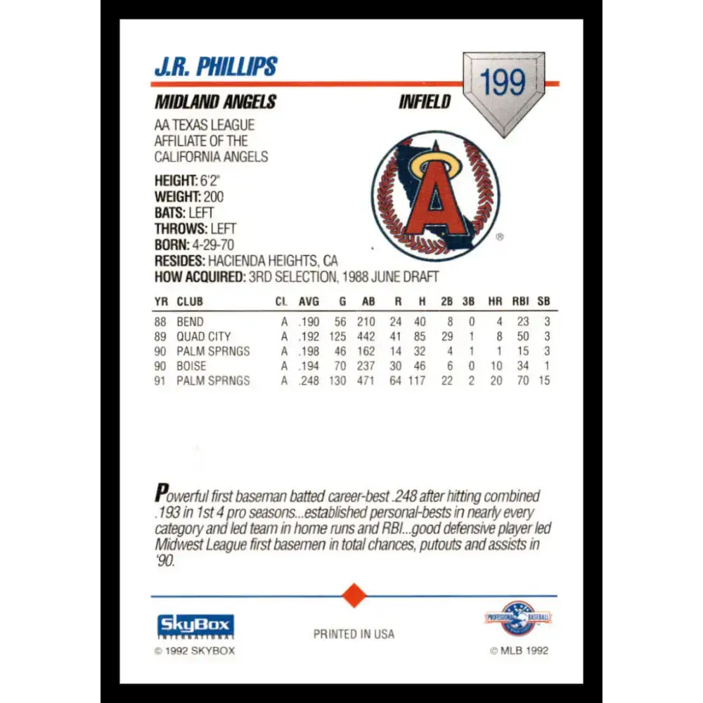 1992 Skybox AA #199 J.R. Phillips Midland Angels NM-MT Baseball Card - Baseball Card Single