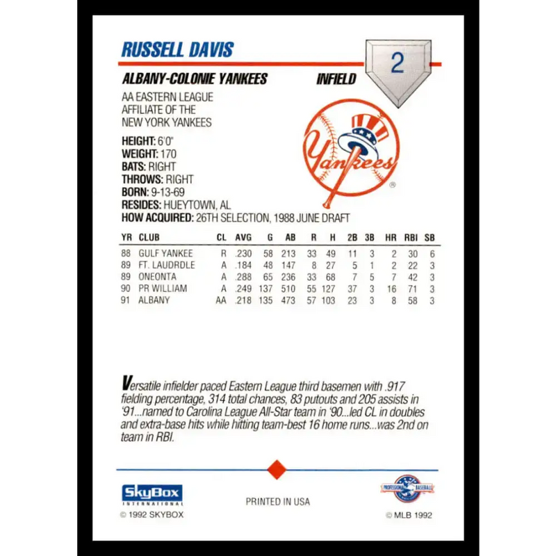 1992 Skybox AA #2 Russ Davis Albany-Colonie Yankees NM-MT Baseball Card - Baseball Card Single