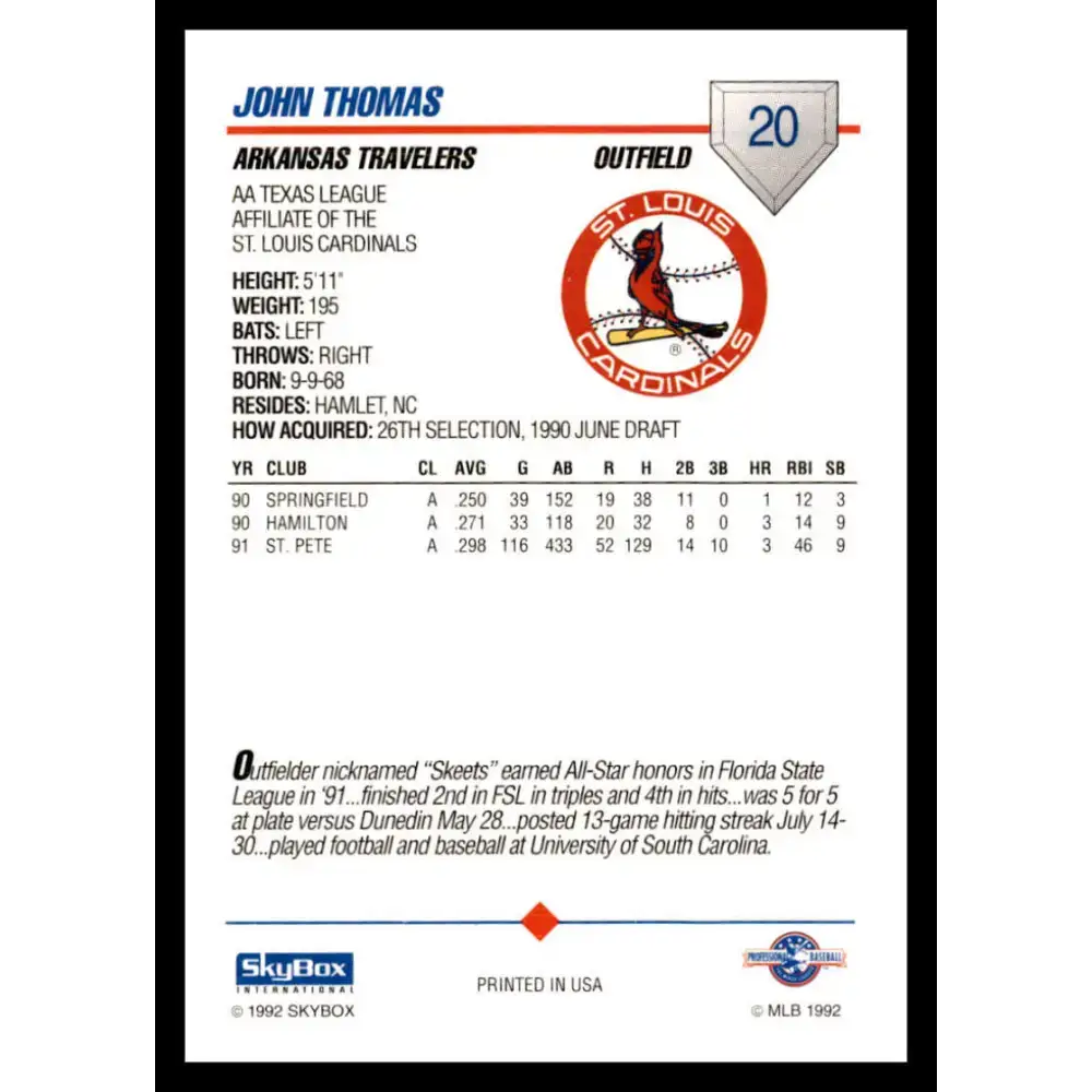 1992 Skybox AA #20 John Thomas Arkansas Travelers NM-MT Baseball Card - Baseball Card Single