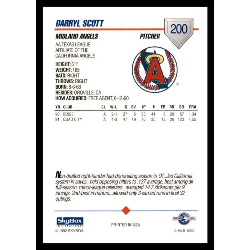 1992 Skybox AA #200 Darryl Scott Midland Angels NM-MT Baseball Card - Baseball Card Single