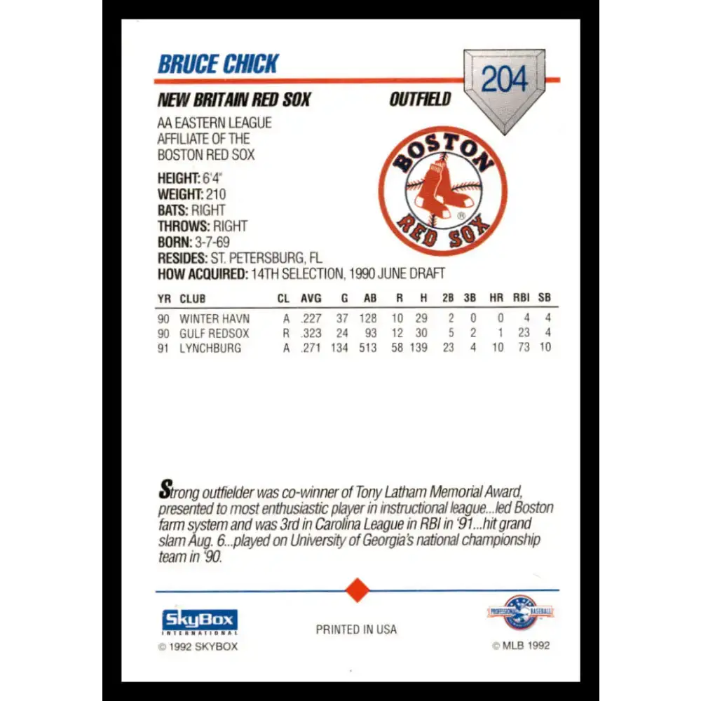 1992 Skybox AA #204 Bruce Chick New Britain Red Sox NM-MT Baseball Card - Baseball Card Single