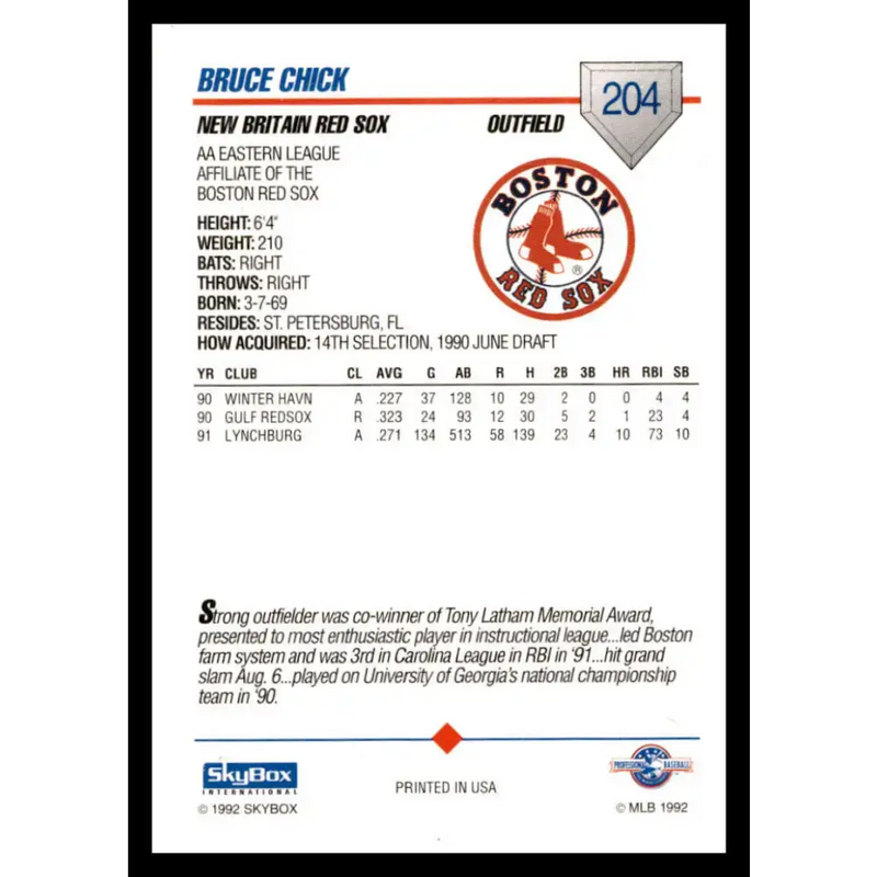 1992 Skybox AA #204 Bruce Chick New Britain Red Sox NM-MT Baseball Card - Baseball Card Single