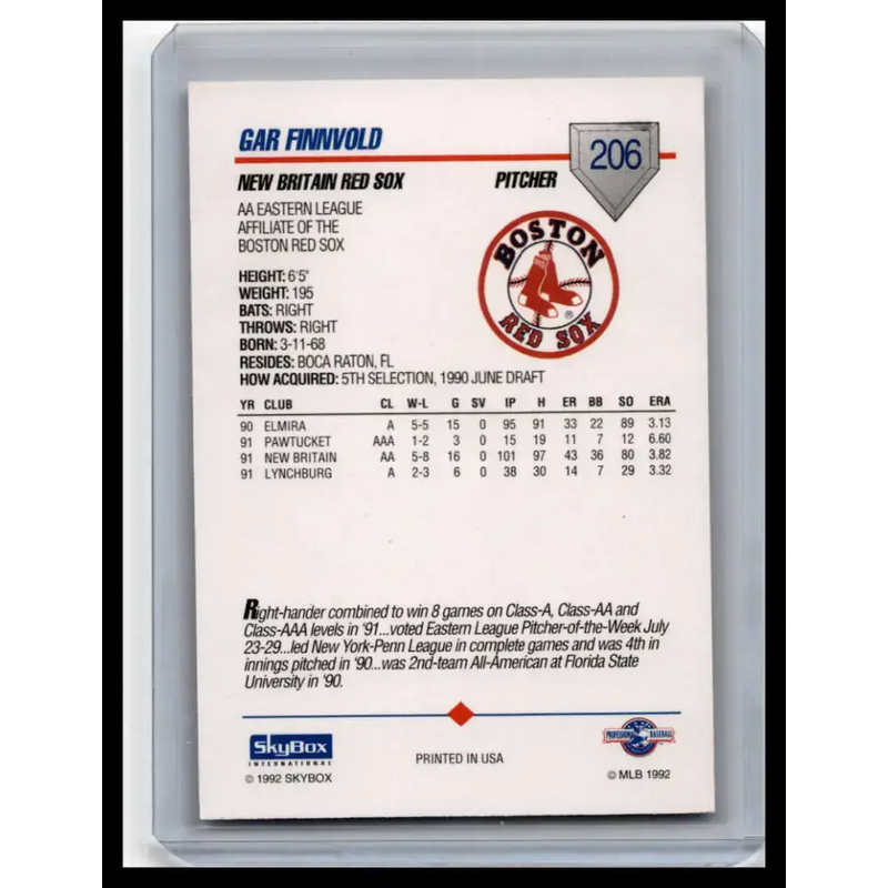 1992 Skybox AA #206 Gar Finnvold New Britain Red Sox NM-MT Baseball Card - Baseball Card Single