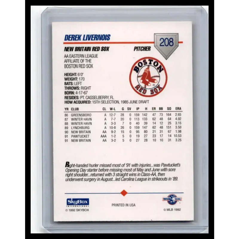 1992 Skybox AA #208 Derek Livernois New Britain Red Sox NM-MT Baseball Card - Baseball Card Single