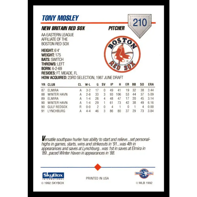 1992 Skybox AA #210 Tony Mosley New Britain Red Sox NM-MT Baseball Card - Baseball Card Single