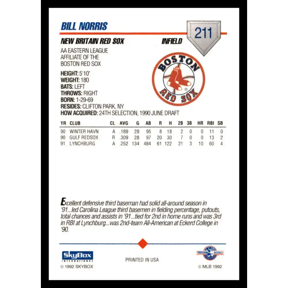 1992 Skybox AA #211 Bill Norris New Britain Red Sox NM-MT Baseball Card - Baseball Card Single