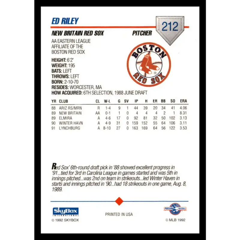 1992 Skybox AA #212 Ed Riley New Britain Red Sox NM-MT Baseball Card - Baseball Card Single