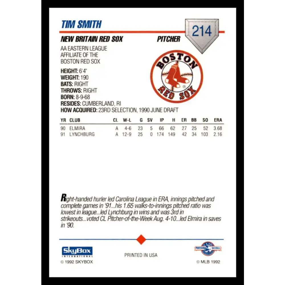 1992 Skybox AA #214 Tim Smith New Britain Red Sox NM-MT Baseball Card - Baseball Card Single