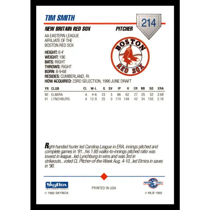 1992 Skybox AA #214 Tim Smith New Britain Red Sox NM-MT Baseball Card - Baseball Card Single