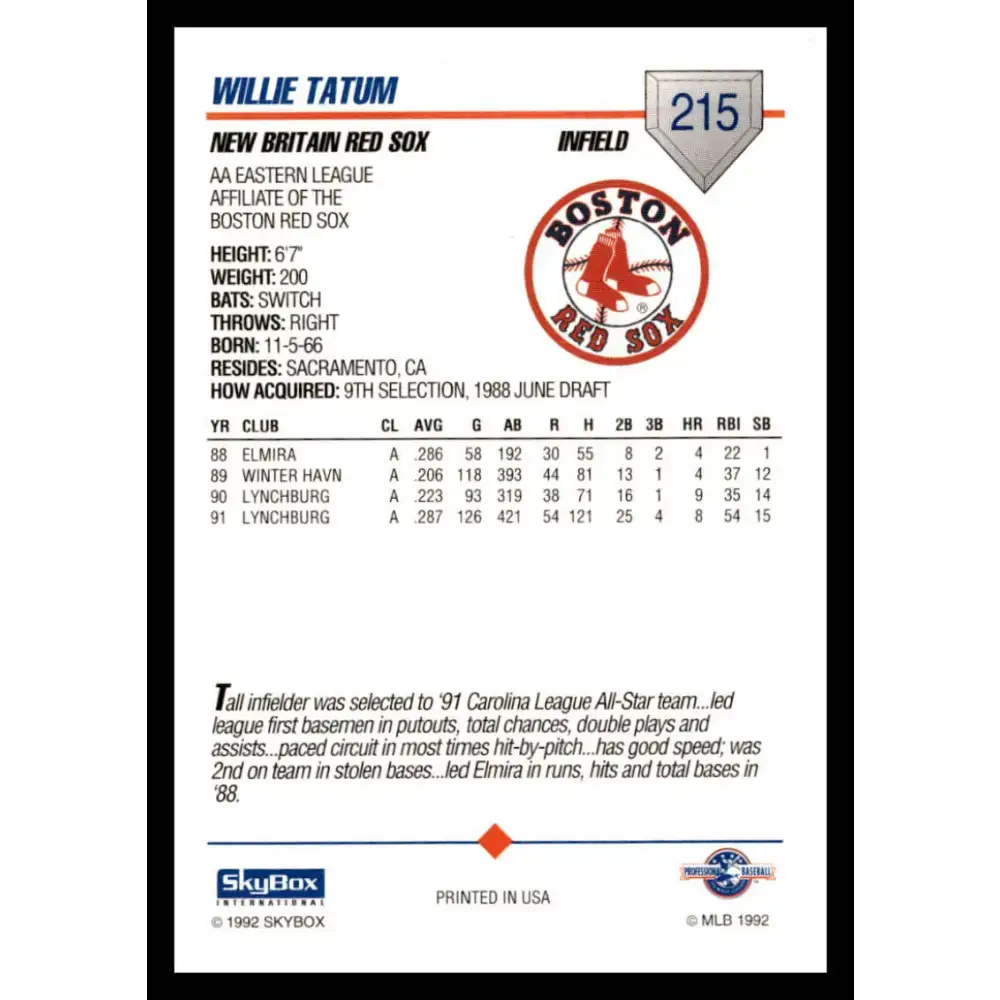 1992 Skybox AA #215 Willie Tatum New Britain Red Sox NM-MT Baseball Card - Baseball Card Single