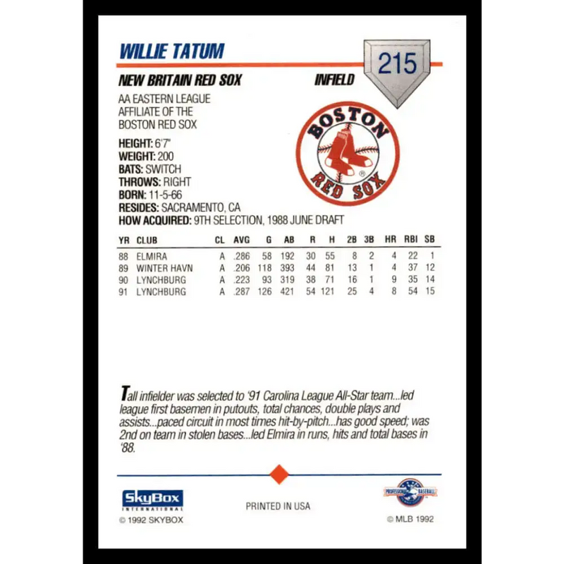 1992 Skybox AA #215 Willie Tatum New Britain Red Sox NM-MT Baseball Card - Baseball Card Single