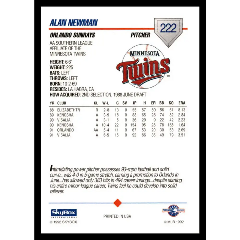 1992 Skybox AA #222 Alan Newman Orlando Sun Rays NM-MT Baseball Card - Baseball Card Single