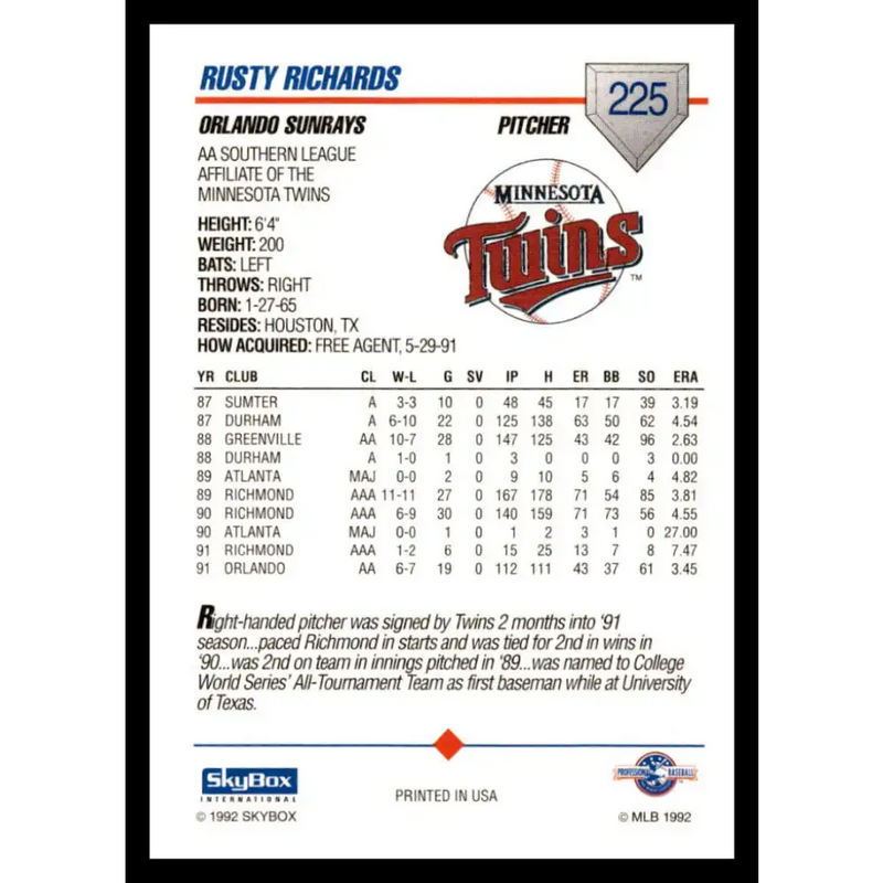 1992 Skybox AA #225 Rusty Richards Orlando Sun Rays NM-MT Baseball Card - Baseball Card Single