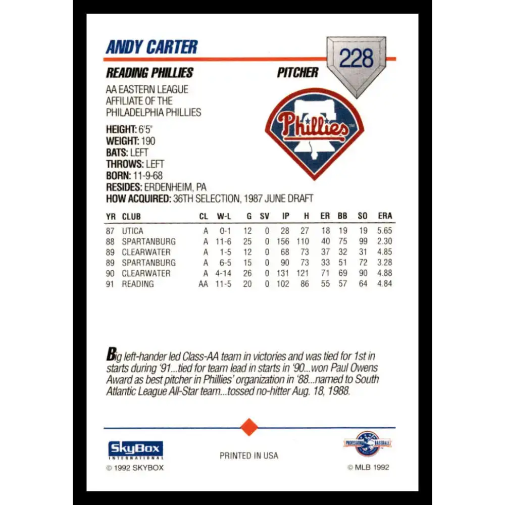 1992 Skybox AA #228 Andy Carter Reading Phillies NM-MT Baseball Card - Baseball Card Single