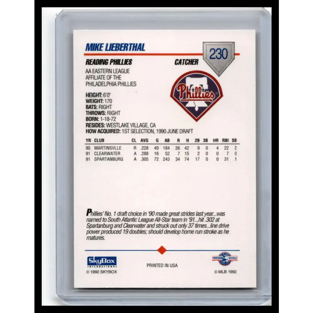 1992 SkyBox AA #230 Mike Lieberthal Reading Phillies NM-MT Baseball Card - Baseball Card Single