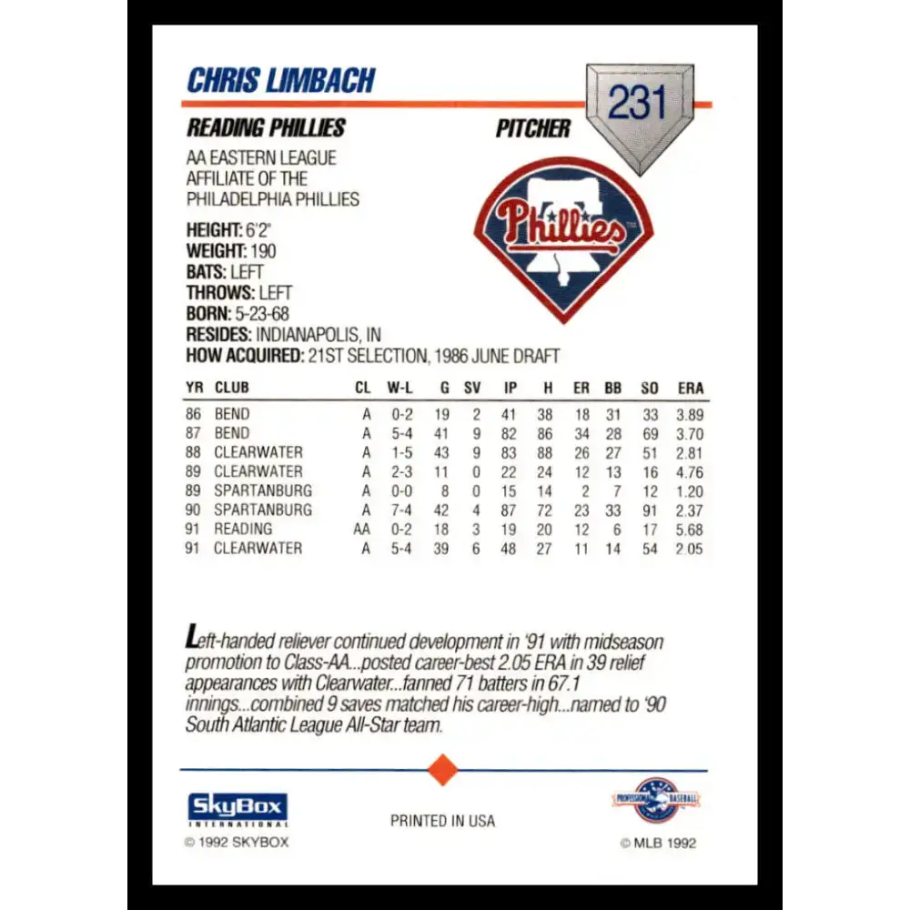 1992 Skybox AA #231 Chris Limbach Reading Phillies NM-MT Baseball Card - Baseball Card Single