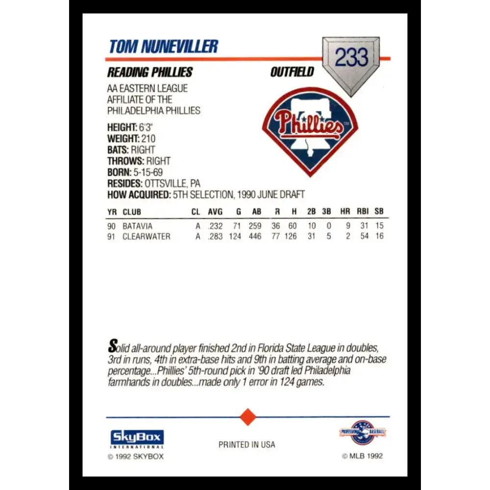 1992 Skybox AA #233 Tom Nuneviller Reading Phillies NM-MT Baseball Card - Baseball Card Single