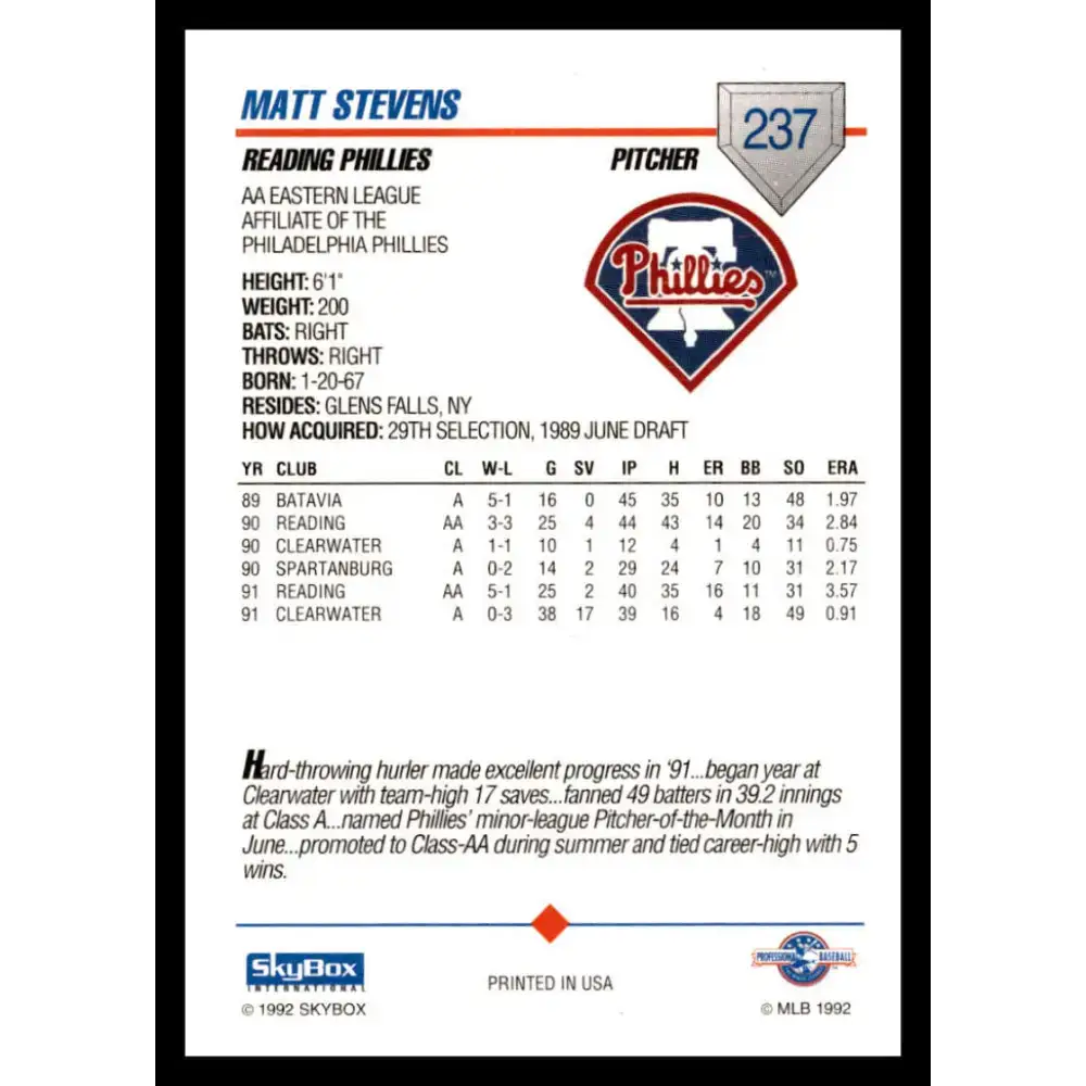 1992 Skybox AA #237 Matt Stevens Reading Phillies NM-MT Baseball Card - Baseball Card Single
