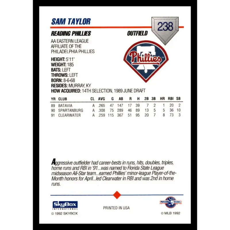 1992 Skybox AA #238 Sam Taylor Reading Phillies NM-MT Baseball Card - Baseball Card Single
