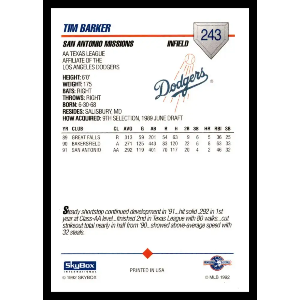 1992 Skybox AA #243 Tim Barker San Antonio Missions NM-MT Baseball Card - Baseball Card Single