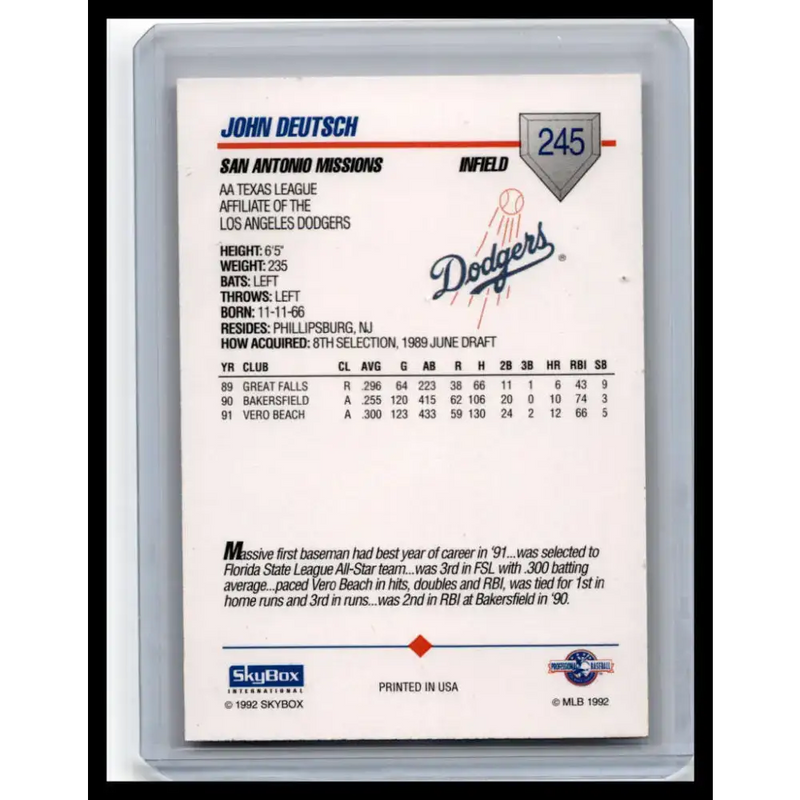 1992 Skybox AA #245 John Deutsch San Antonio Missions NM-MT Baseball Card - Baseball Card Single
