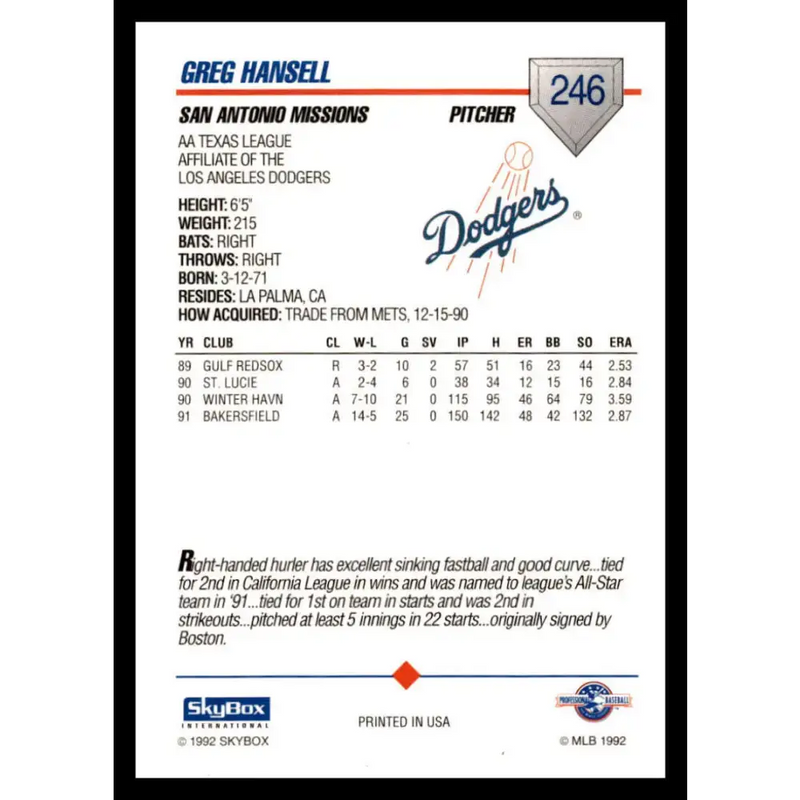 1992 Skybox AA #246 Greg Hansell San Antonio Missions NM-MT Baseball Card - Baseball Card Single