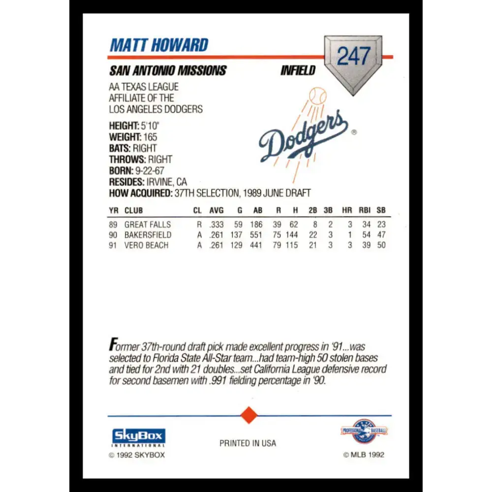 1992 Skybox AA #247 Matt Howard San Antonio Missions NM-MT Baseball Card - Baseball Card Single